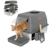 Bandeja sanitaria PawHut XL cerrada de acero inoxidable, caseta sanitaria para gatos grandes, fácil limpieza con tapa, escalón antiderrame, pala y doble entrada, 60 x 40 x 38 cm, gris oscuro