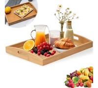 Bandeja Servir Comida Bambú con Asas, Bandejas Madera Rectangular, Decoracion Cocina Grande para Alimentos, Bandeja Cama para Desayuno, Bebidas, Aperitivos (45 x 30 x 3.5 cm, Natural)