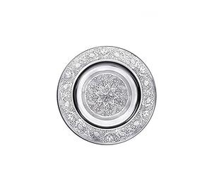 Bandeja Sidra, Color Plateado, de Estilo Oriental, de Metal, 30 cm | La bandeja redonda presenta motivos orientales elaborados a mano. Asimismo, el diseño de Sidra sigue el estilo oriental.