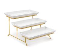 Bandejas 3 Pisos para Servir Comida, MALACASA Bandeja de Porcelana 36 x 15,3 cm, Bandeja para Fiestas con Soporte Plegable, Presentación de Alimentos, Fruta, Postres y Cupcakes, Blanco Dorado
