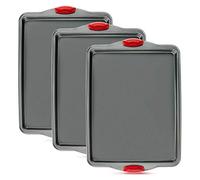 Bandejas Horno Antiadherentes Juego 3 Piezas - Bandejas de Horno para Hornear de Acero al Carbono Resistentes a Deformaciones y Óxido, Sin PFOA, con Asas de Silicona, Aptas para Lavavajillas