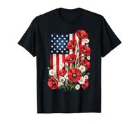 Bandera americana, amapolas rojas y margaritas blancas, arte patriótico Camiseta