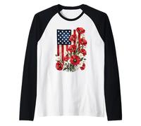 Bandera americana, amapolas rojas y margaritas blancas, arte patriótico Camiseta Manga Raglan