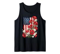 Bandera americana, amapolas rojas y margaritas blancas, arte patriótico Camiseta sin Mangas