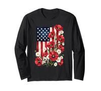 Bandera americana, amapolas rojas y margaritas blancas, arte patriótico Manga Larga