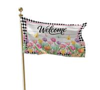 Bandera Balcón Butterfly Arcoíris Tulipán Diamante Negro Madera Bienvenido | Bandera Desfile 3x5 FT Resistente A La Intemperie Pancarta Lavable Flag Interior Procesiones