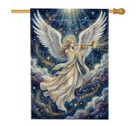 Bandera celestial con trompeta de ángel para jardín, Navidad, 71 x 101 cm | Tema celestial, bandera de patio, trompeta dorada, fondo de noche estrellada, imágenes divinas, decoración de jardín de