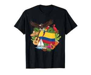 Bandera Colombiana Rodeada De Símbolos Tropicales Y Vida Silvestre Camiseta
