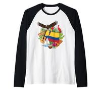Bandera Colombiana Rodeada De Símbolos Tropicales Y Vida Silvestre Camiseta Manga Raglan