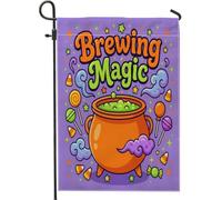 Bandera de caldero para jardín, diseño de caramelos mágicos de Halloween, color violeta de doble cara, bandera de jardín pequeña para porche delantero al aire libre, césped, patio, terraza, 12 x 18