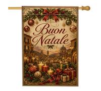 Bandera de casa con cita navideña de pueblo italiano, 71 x 101 cm | Escena de pueblo italiano, bandera de césped, bolas navideñas, cintas elegantes, decoración del hogar de invierno