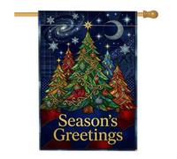 Bandera de casa con diseño de árbol de Navidad de 28 x 40 pulgadas | Estilo artístico de vidrieras, bandera de césped, fondo de noche celestial, saludo de vacaciones de invierno