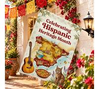 Bandera de casa con mapa cultural del mes de la herencia hispana | Iconos culturales españoles, bandera de patio, guitarra acústica, paellera tradicional, ilustración de Bobcat