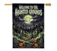 Bandera de casa de calabazas, espeluznante murciélago, lápida gótica, Halloween, arpillera verde, doble cara, banderas decorativas para porche frontal, patio, entrada, campamento, 28 x 40 pulgadas