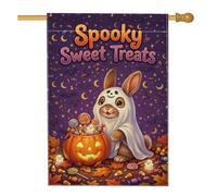 Bandera de casa de conejo, calabazas juguetonas, caramelos, Halloween, violeta, arpillera de doble cara, banderas decorativas para porche delantero, patio, césped, entrada, balcón, 28 x 40 pulgadas