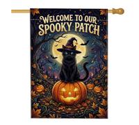 Bandera de casa de gato, calabazas festivas, sombrero de bruja de Halloween, arpillera naranja, banderas decorativas de doble cara para porche frontal al aire libre, patio, entrada, 28 x 40 pulgadas