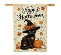 Bandera de casa de gato, fantásticas calabazas festivas hojas de Halloween de arpillera negra de doble cara decorativas exteriores para porche al aire última intervensión, patio, patio, entrada, 28 x