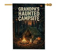 Bandera de casa de Halloween con cita para el abuelo embrujado, 28 x 40 | Fondo de bosque espeluznante, bandera de patio, fogata brillante, tienda de campaña rústica, siluetas fantasmales