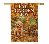 Bandera de casa de jardín de caniche de cosecha de otoño de 28 x 40 | Ilustración de perro caniche, bandera de césped, carrito de verduras de cosecha, follaje otoñal, decoración de porche