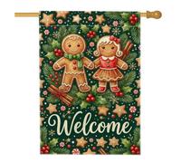Bandera de casa de jengibre para pareja, 28 x 40 pulgadas | Ramas de pino, bandera de patio, bayas rojas, galletas de estrella, letrero de bienvenida de invierno