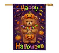 Bandera de casa de oso, calabazas festivas y juguetonas, caramelos, Halloween, arpillera violeta, doble cara, banderas decorativas para porche exterior, césped, patio, entrada, 28 x 40 pulgadas