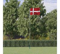 Bandera de Dinamarca con mástil telescópico de aluminio de 5,5 m, incluye casquillo de suelo para jardín y exterior