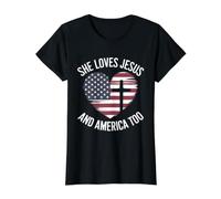 Bandera de Estados Unidos She Loves Jesus and American Too American Camiseta gráfica económica, Mujer, Negro, M