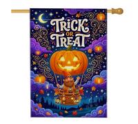 Bandera de Halloween con diseño de calabazas de gnomo de 71 x 101 cm | Bolas de aire caliente de calabazas, bandera de patio, paisaje de horizonte nocturno, tipografía fantástica