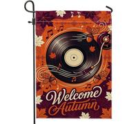 Bandera de jardín con cita de disco de vinilo de otoño de 30,5 x 45,7 cm | Notas musicales, bandera de césped, hojas de arce que caen, tocadiscos vintage, letrero de bienvenida de temporada