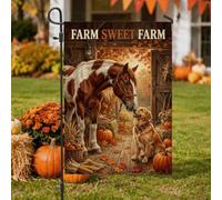 Bandera de jardín con cita otoñal de caballo y perro, 30,5 x 45,7 cm | Tema de granja, bandera de césped, golden retriever, fondo de granero rústico, calabazas, decoración de temporada