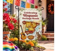 Bandera de jardín con mapa cultural del mes de la herencia hispana | Iconos culturales españoles, bandera de patio, guitarra acústica, paellera tradicional, ilustración de Bobcat