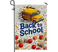Bandera de jardín de autobús de campus, bloques de manzanas coloridas para volver al campus, arpillera amarilla, banderas decorativas de doble cara para exteriores, patio, césped, porche, entrada
