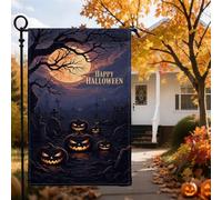 Bandera de jardín de calabaza de Halloween de 12 x 18 pulgadas, linterna de doble cara, árbol de luna llena, noche oscura, pequeña bandera de arpillera, granja, Halloween, patio espeluznante
