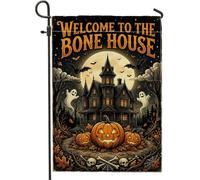 Bandera de jardín de calabazas, espeluznante fantasma encantado casa encantada de Halloween naranja arpillera de doble cara banderas decorativas para patio al aire última intervensión, césped, porche