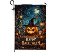 Bandera de jardín de calabazas, linterna de esqueleto festiva y fantástica, de Halloween, arpillera naranja, de doble cara, pequeña bandera de jardín para patio al aire última intervensión, césped