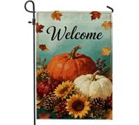 Bandera de jardín de calabazas, piñas rústicas de girasol, otoño, naranja, arpillera de doble cara, banderas decorativas para patio, césped, porche, entrada, camping, 12 x 18 pulgadas