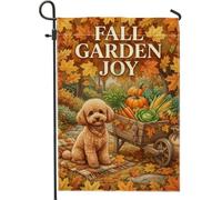 Bandera de jardín de caniche de cosecha de otoño de 12 x 18 pulgadas | Ilustración de perro caniche, bandera de césped, carrito de verduras de cosecha, follaje otoñal, decoración de porche