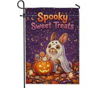 Bandera de jardín de conejo, calabazas juguetonas, caramelos, Halloween, violeta, arpillera de doble cara, banderas decorativas para patio, césped, porche, entrada, 12 x 18 pulgadas