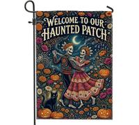 Bandera de jardín de esqueletos, calabazas festivas, flores, Halloween, naranja, arpillera de doble cara, banderas decorativas para patio, porche, césped, terraza, 12 x 18 pulgadas
