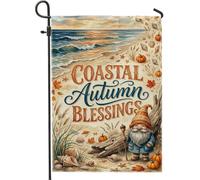 Bandera de jardín de gnomo, calabazas costeras de fantasía, océano, otoño, naranja, arpillera de doble cara, banderas decorativas para exteriores, patio, césped, porche, balcón, 12 x 18 pulgadas