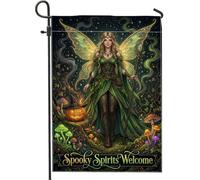 Bandera de jardín de hadas, calabazas de fantasía, hongos, Halloween, verde, doble cara, arpillera, banderas decorativas para patio, césped, porche, entrada, 12 x 18 pulgadas