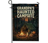 Bandera de jardín de Halloween con cita para el abuelo embrujado, 12 x 18 | Fondo de bosque espeluznante, bandera de patio, fogata brillante, tienda de campaña rústica, siluetas fantasmales