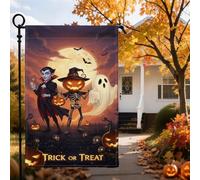 Bandera de jardín de Halloween de 12 x 18 pulgadas, esqueleto de cabeza de calabaza de doble cara, fantasma blanco, luna llena, bandera pequeña de arpillera, granja, Halloween, patio espeluznante