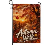 Bandera de jardín de hojas de arce, camino natural estacional, puesta de sol, otoño, naranja, arpillera de doble cara, bandera de jardín pequeña para porche delantero al aire libre, césped, patio