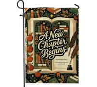 Bandera de jardín de libros, inspiradora literaria de frutas, pluma de regreso al campus, verde de arpillera de doble cara, banderas decorativas para exteriores, porche, césped, patio, terraza, 12 x