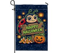 Bandera de jardín de mariquita, calabazas juguetonas, caramelos, Halloween, arpillera negra, banderas decorativas de doble cara para patio, césped, porche, entrada, 12 x 18 pulgadas