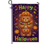 Bandera de jardín de oso, calabazas festivas y juguetonas, caramelos, Halloween, arpillera, violeta, doble cara, bandera de jardín pequeña para porche delantero al aire libre, césped, patio, terraza