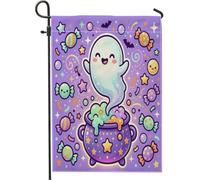 Bandera de jardín fantasma, caldero de dibujos animados juguetones, caramelos, Halloween, violeta, arpillera de doble cara, banderas decorativas para patio al aire libre, césped, porche, entrada