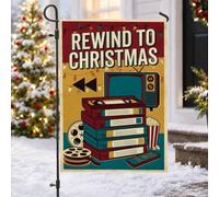 Bandera de jardín retro con cita de película de Navidad, cintas VHS de 12 x | TV retro, bandera de patio, carretes de película, palomitas de maíz, estética vintage, noche de cine navideña