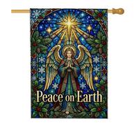 Bandera de Navidad con ángel religioso de paz en la tierra, 71 x 101 cm | Arte de vidrieras, bandera de césped, hojas de acebo, detalles de copo de nieve, tema religioso, decoración de jardín de